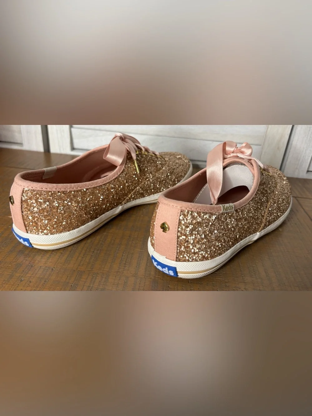 Keds x Kate Spade Champion Rose Gold Glitter Sneakers Box Extra Laces Women’s 7